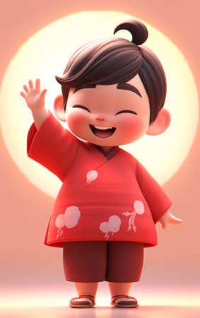 A cute Asian girl wearing a red kimono. 3D rendering.の素材