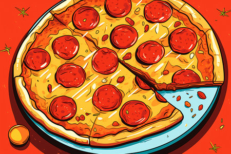 Illustration of a pizza on a red background. Vector illustration.の素材