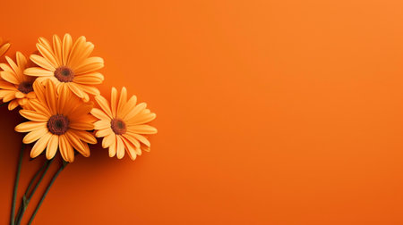 Orange gerbera flowers on orange background with copy space for textの素材