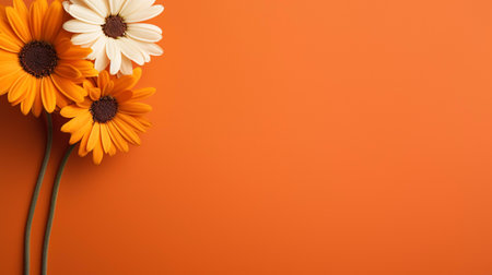 Daisy flowers on orange background. Flat lay, top view, copy spaceの素材