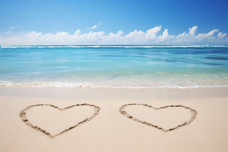 Two hearts drawn in the sand on a sunny day on the beachの素材