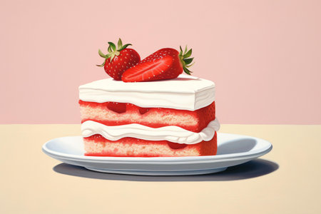 Strawberry cake on a white plate. 3D rendering.の素材