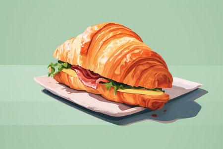 Croissant sandwich with ham and cheese on a white plate.の素材