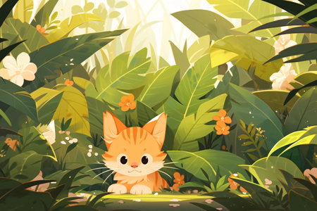 Cute cat in the jungle. Illustration for your design.の素材