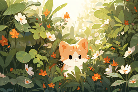 Cute cartoon cat in the garden with flowers. Vector illustration.の素材
