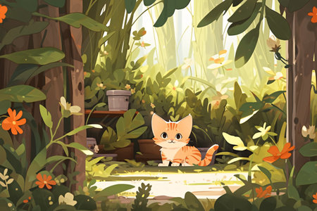 Cute cat in the garden. Vector illustration in cartoon style.の素材