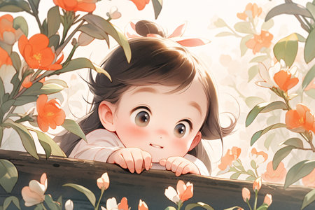 Cute little girl and flowers. Photo in old color image style.の素材