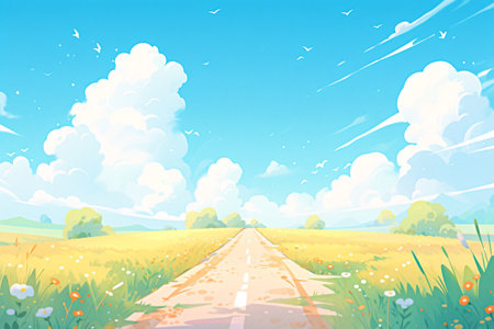 Road in the field with flowers and blue sky. Vector illustration.の素材