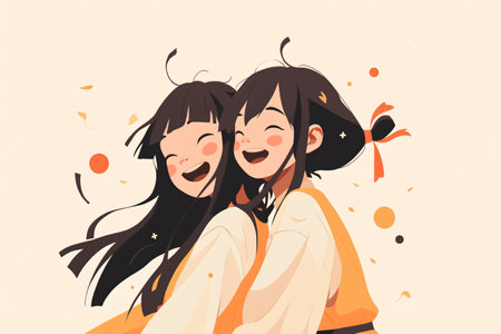Cute little girls laughing together. Vector illustration in cartoon style.の素材