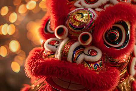 Traditional Chinese New Year Lion Dance with bokeh background, close upの素材