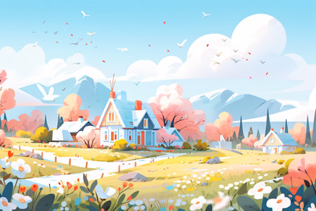 Autumn landscape with village and windmill, vector illustration in cartoon styleの素材