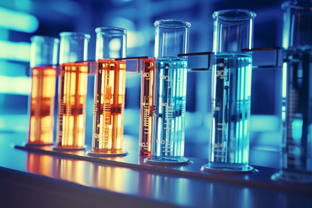 Laboratory glassware with color liquid. Chemical laboratory research and development concept.の素材