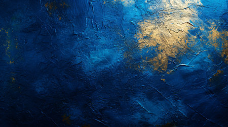 Blue grunge textured wall background with golden brush strokes. Copy space.の素材