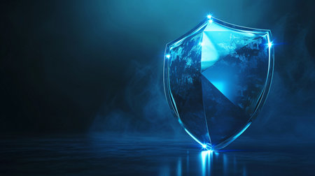 Data protection and security concept. Shield with blue glowing shield on dark foggy background. 3D renderingの素材