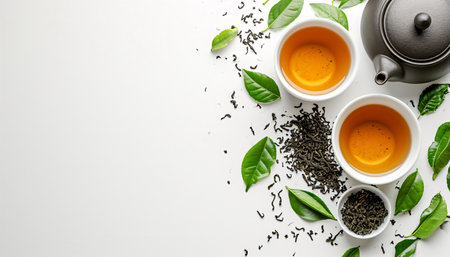 Tea composition. Cup of tea, teapot and green tea leaves on white background. Flat lay, top view, copy spaceの素材