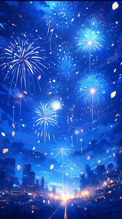 Fireworks in the night sky with cityscape as a background.の素材