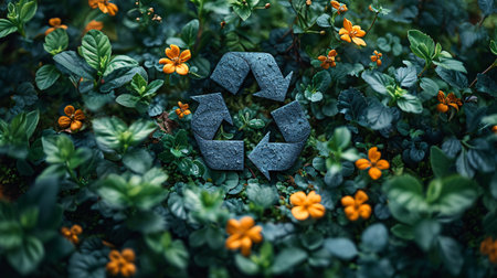 Recycling symbol made of stone with orange flowers in the gardenの素材