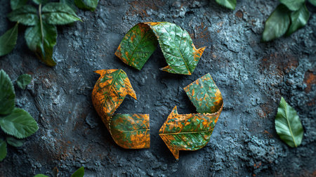 Recycling symbol made of green leaves on dark textured backgroundの素材