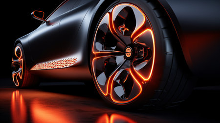 Sport car with red neon lights on a black background. 3d renderingの素材