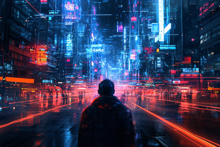 Man walking in the city at night with light trails on the roadの素材