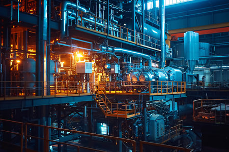 Industrial zone, Steel pipelines and equipment in blue tones at nightの素材