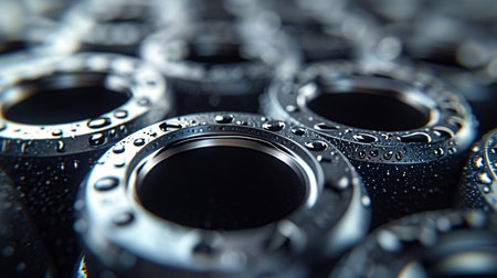 Close-up of a set of metal bearings with water drops.の素材