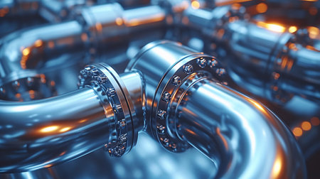 3D rendering of industrial pipelines and valves in blue toned imageの素材