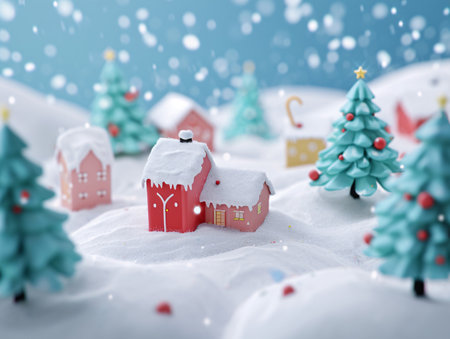 Christmas and New Year holiday background. Toy houses in the snow.の素材