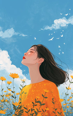 Portrait of a beautiful girl in a meadow with flowers.の素材