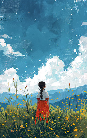 Illustration of a girl standing in a meadow full of flowersの素材