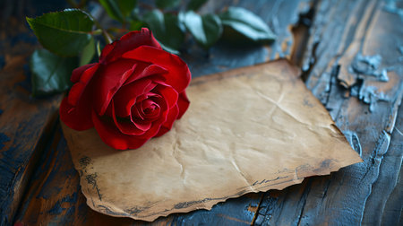 Red rose and old paper on rustic wooden table. Valentines day backgroundの素材