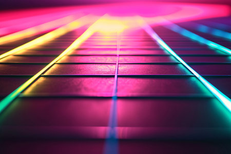 Colorful neon abstract background with bokeh defocused lights.の素材