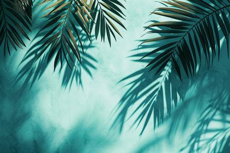 Tropical palm leaves on turquoise background. Summer concept.の素材