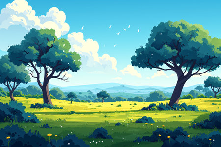 Summer landscape with trees and meadow. Vector illustration in cartoon styleの素材