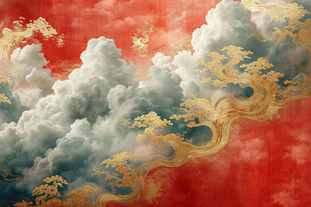 Chinese New Year background with clouds and dragon. 3d illustration.の素材