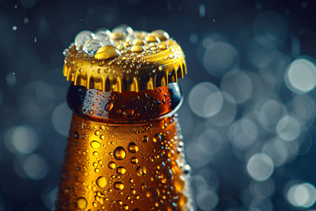Close up of beer bottle with water drops on black background with bokehの素材