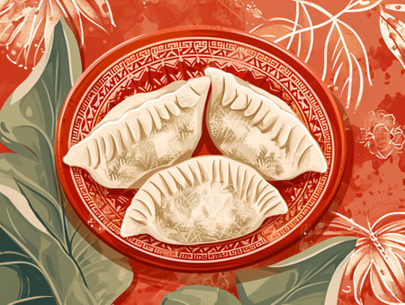 Vector illustration of a plate of dumplings on a red backgroundの素材