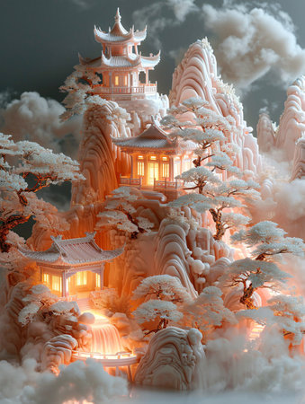 3D illustration of a Chinese temple in the snow with a treeの素材