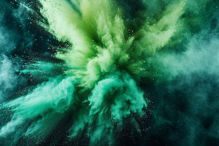 abstract green and blue powder explosion on black background, abstract backgroundの素材