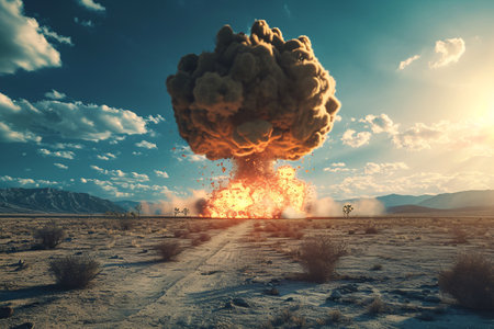 Big explosion in the desert. 3d rendering, 3d illustration.の素材