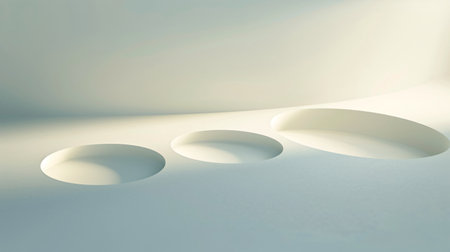3d render of white abstract background with circle shapes in empty roomの素材