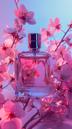 Perfume bottle with blooming sakura flowers on color backgroundの素材