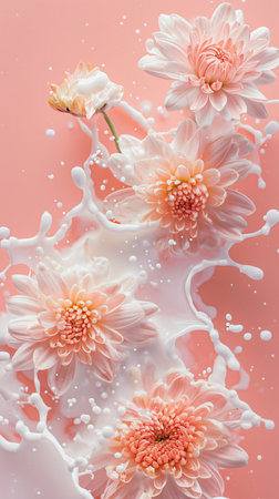 Splash of milk with chrysanthemums on pink backgroundの素材