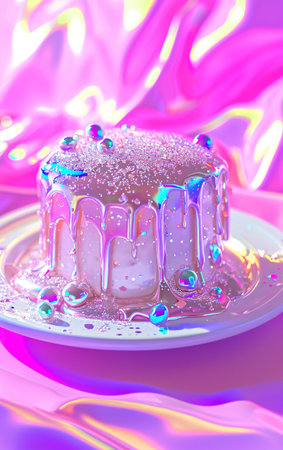 Cake with glaze on a plate on a pink background.の素材