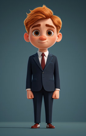 3D illustration of a cute cartoon businessman standing with arms akimboの素材