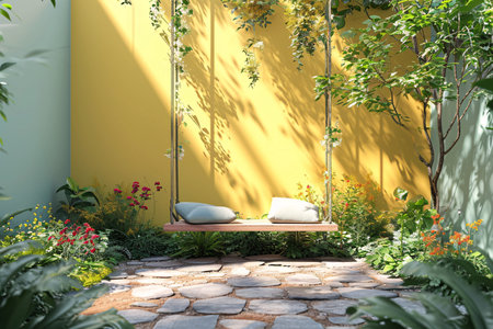 3d rendering of a garden bench in front of a yellow wallの素材