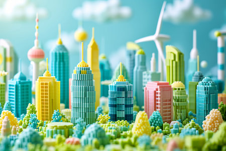 Toy buildings and wind turbines on a blue background. 3d renderingの素材