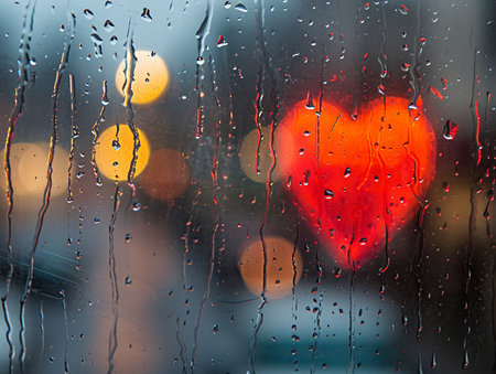 Raindrops on the glass with a red heart. Love concept.の素材
