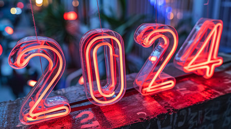 Happy New Year 2022 written with red neon light on dark background.の素材