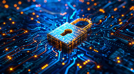 Padlock on circuit board, cyber security concept. 3d renderingの素材